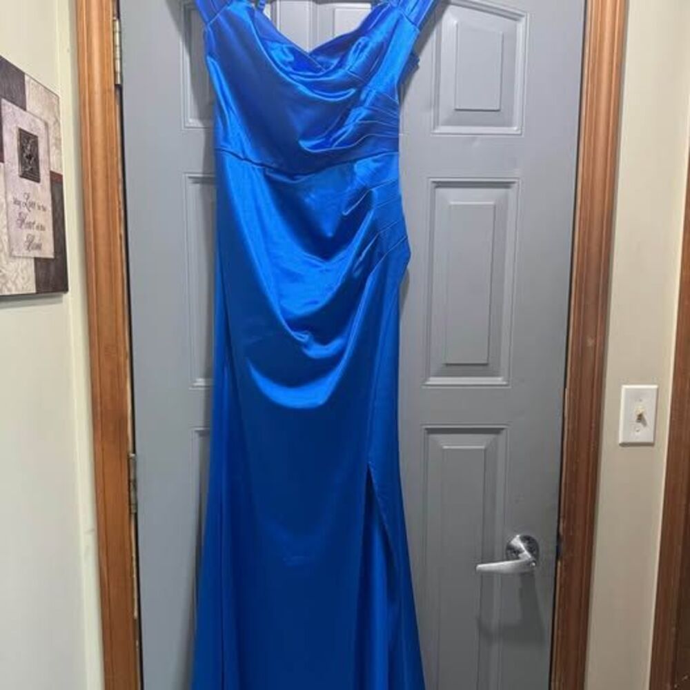 Blue satin formal gown off shoulder/cap sleeve (large)-Miusol (prom)